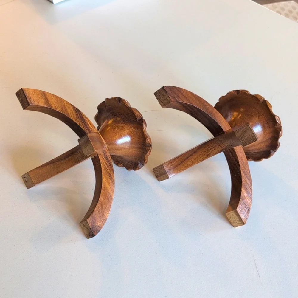 Vintage 70s (2) Modernist Wood Carved Tapir Candlestick Holders
